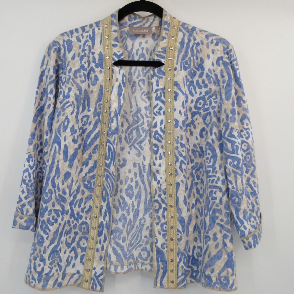 Chico's Blue Animal Print Studded Linen Blend Open Front Jacket Size 1 Medium